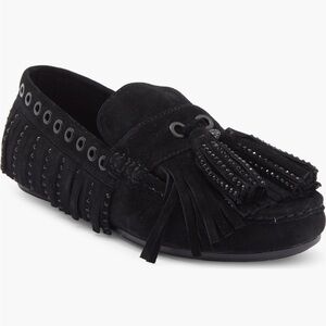 Kurt Geiger London Black Suede Fringe Loafers | Studded Moccasins | EUC